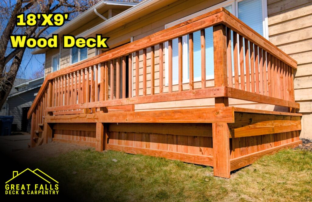 An 18'x9' custom wood deck with sturdy railings, built to last by Great Falls Deck & Carpentry in Great Falls, MT.
