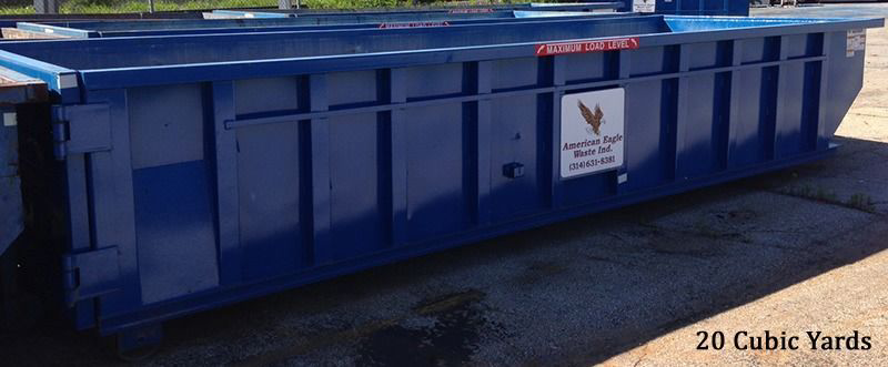A 20 cubic yard roll-off container from American Eagle Waste for large junk removal jobs in Saint Louis, MO.