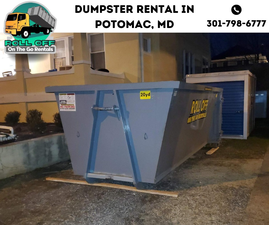 A 20-yard roll-off dumpster placed for residential junk removal by Roll Off On the Go Rentals in Silver Spring, MD.