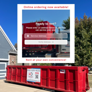 A 20-yard red dumpster from Women Owned Dumpsters delivered to a residential driveway in Lees Summit, MO, ready for junk removal.