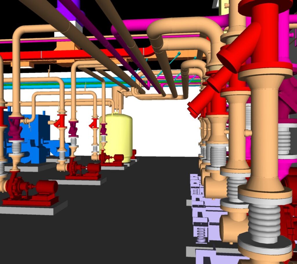 A 3D BIM model displaying complex mechanical and piping systems, representing the planning work by McKamish, Inc. in Pittsburgh, PA