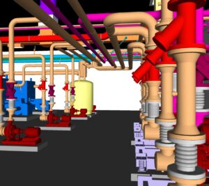A 3D BIM model displaying complex mechanical and piping systems, representing the planning work by McKamish, Inc. in Pittsburgh, PA