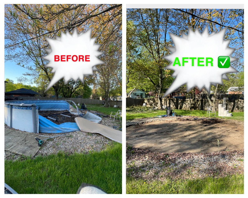 Before and after of an above-ground pool removal and backyard cleanup service by Junkzilla in Indianapolis, IN.
