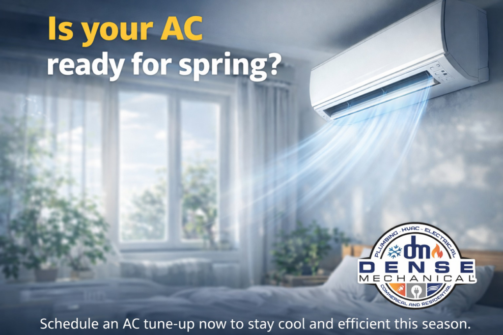 An indoor AC unit blowing cool air in a bedroom, promoting AC tune-up services by Dense Mechanical in Enid, OK.