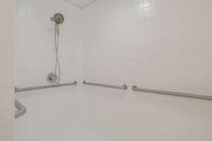 A newly installed accessible shower with grab bars and a modern shower head by SSS Solutions, LLC in Mobile, AL.