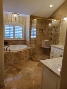 An accessible shower installation with safety grab bars by Southwest Restoration & Design, Inc. in Peoria, AZ.