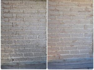 Before and after photos of an adobe or masonry wall repair service by Sunrise Adobe LLC in Tucson, AZ.