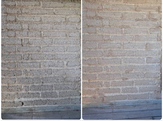 Before and after photos of an adobe or masonry wall repair service by Sunrise Adobe LLC in Tucson, AZ.