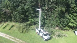 An aerial view of a bucket truck and cut branches in a wooded area, indicating tree clearing by Crockett's Tree Service in Lafayette, IN.