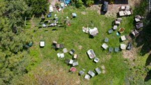 An aerial view of a large backyard with numerous discarded chairs and items, ready for junk removal by Stars Junk Removal in San Jose, CA.