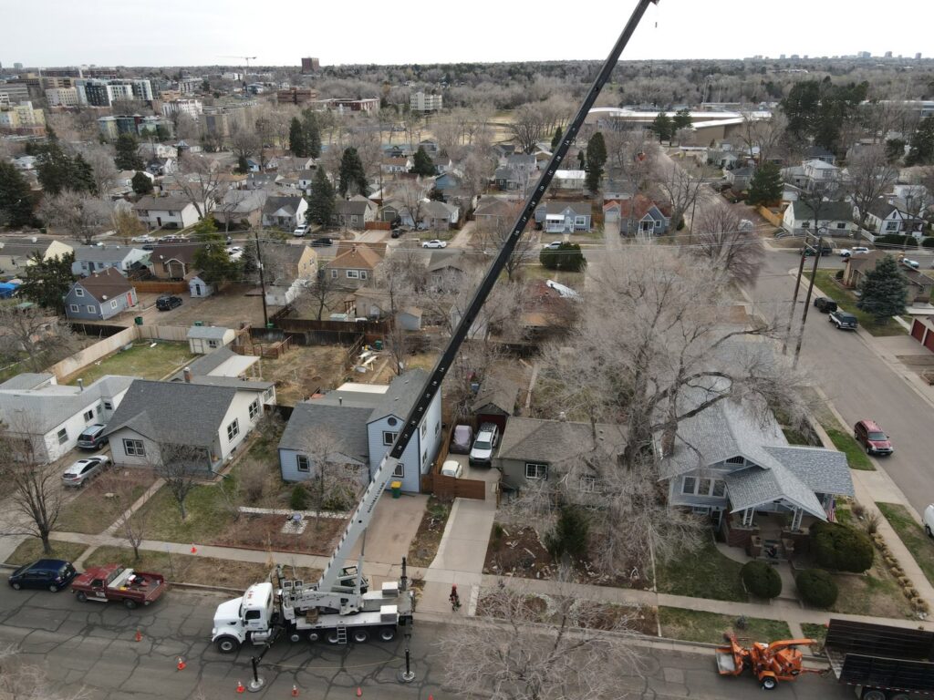An aerial view of a bucket truck with its arm extended over residential houses, performing tree work for Langley's Tree Specialist in Greeley, CO.