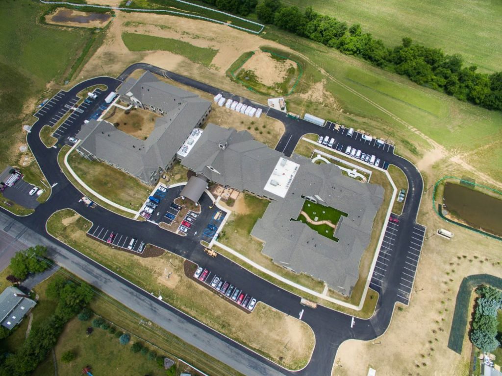 An aerial view of a large commercial construction site completed by JON Construction, Inc. in Allentown, PA.