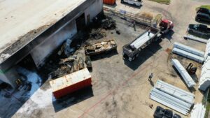 Aerial view of commercial property debris removal by Protect Environmental Services, Inc. in Fort Worth, TX.