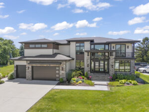 An aerial view of a modern custom home built by Overstreet Builders, Inc. in Naperville, IL.