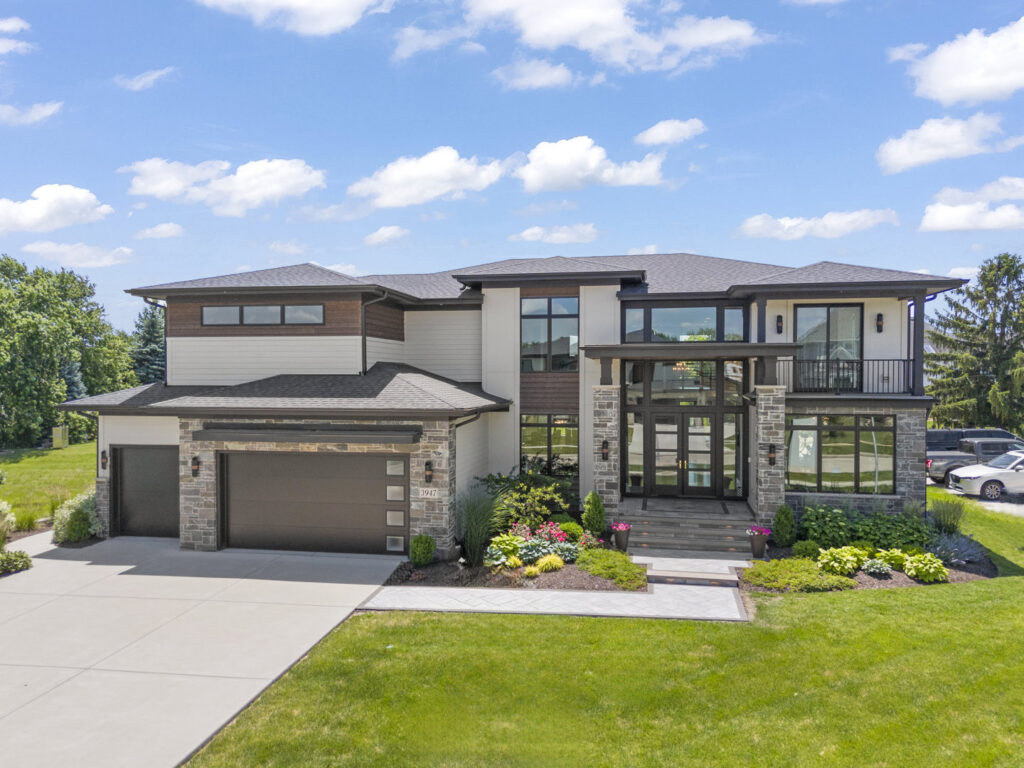 An aerial view of a modern custom home built by Overstreet Builders, Inc. in Naperville, IL.