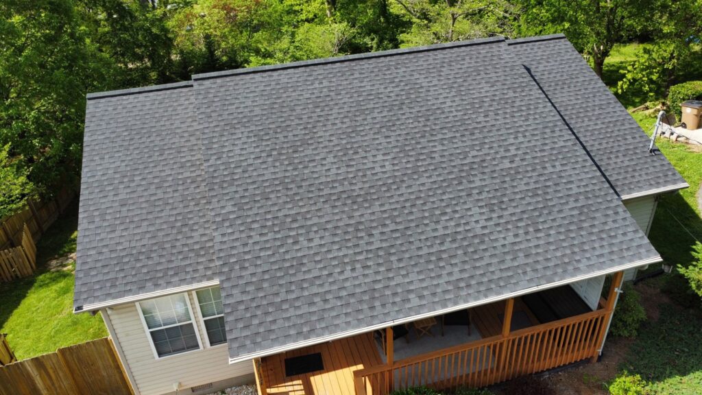 An aerial view showcasing a new roof installation completed by Innovative Roofing & Siding Inc in Knoxville, TN.