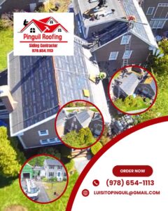 An aerial view of multiple houses with roofing work in progress, performed by Pinguil Roofing Siding Contractor in Lowell, MA.