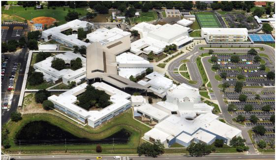 An aerial view of a large, modern school campus completed by Bishop Construction Group, Inc. in Orlando, FL.