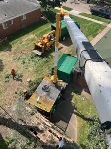 An aerial view from a bucket lift shows a tree removal job in progress with equipment and workers from Magee Tree Service in Detroit, MI.