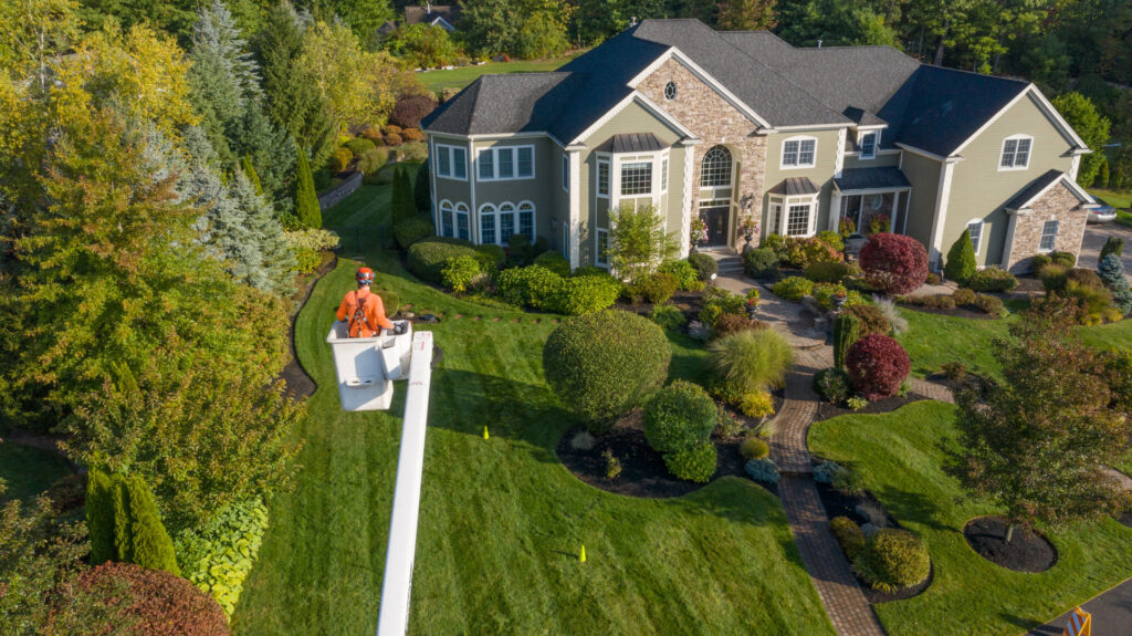 An aerial view of a worker in a bucket lift pruning a tree at a residential property for Savatree Burlington, VT.