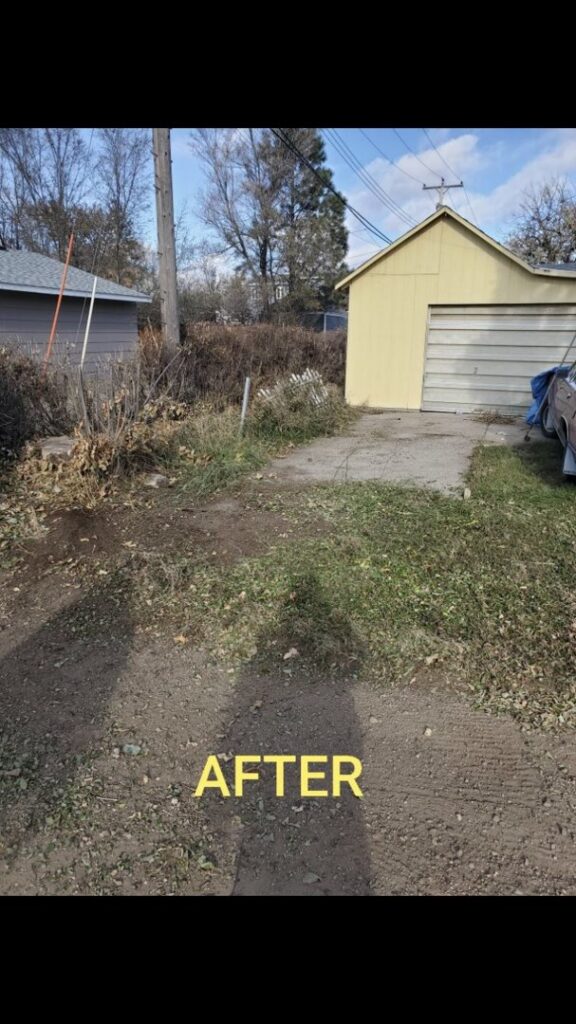 A cleared area in an "AFTER" image, showing the successful yard cleanup by 701 Scrap in Williston, ND.