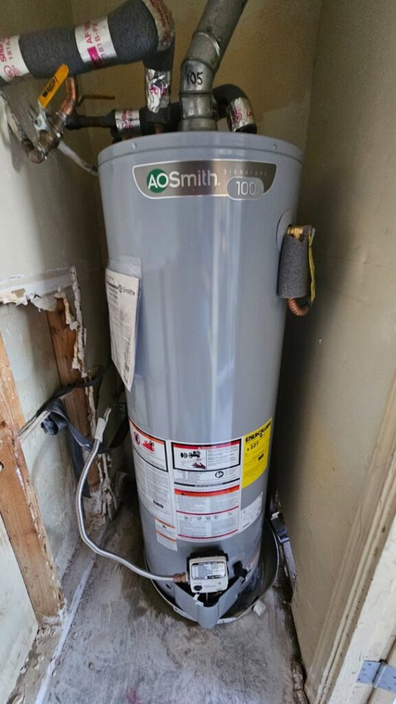 A new AO Smith Signature 100 water heater professionally installed by Medina's Handyman LLC in Las Vegas, NV
