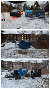 Collage showing junk and dumpsters in a snowy apartment complex for removal by Esule Services LLC - Anoka Junk Removal in Andover, MN.