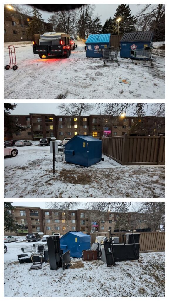 Collage showing junk and dumpsters in a snowy apartment complex for removal by Esule Services LLC - Anoka Junk Removal in Andover, MN.
