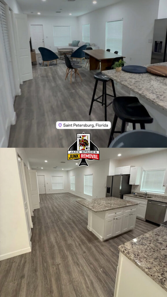 Before and after of apartment furniture removal by Jack Spades Junk Removal in St. Petersburg, FL, showing a cleared living space.