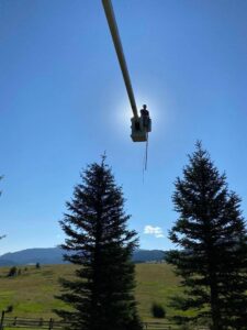 An arborist from Bozeman Arborcare Tree Service LLC in a bucket lift, working high above evergreen trees against a bright sky in Bozeman, MT.