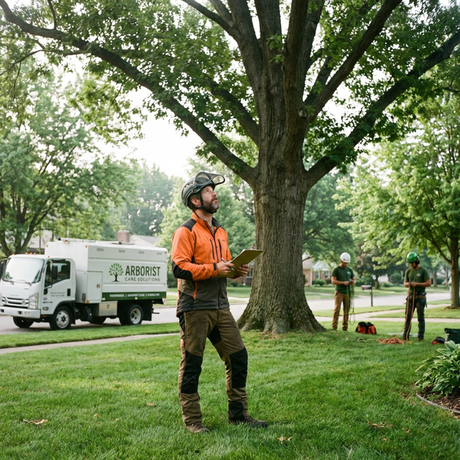 An arborist inspecting a large tree for care planning by Austin Tree Specialists in Austin, TX.