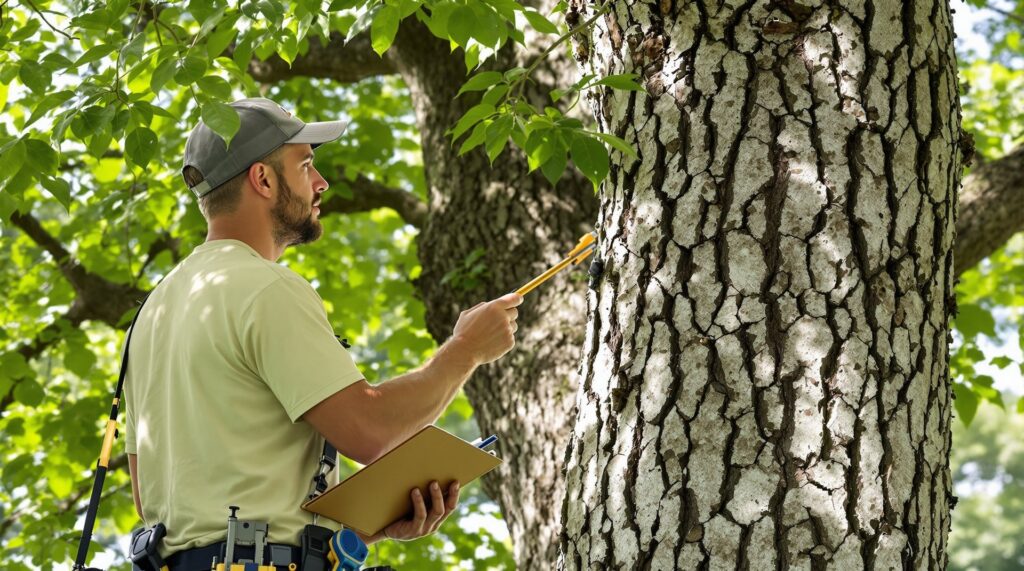 An arborist inspecting a tree trunk for health and potential issues for JTE & Company in Oxford, MA.