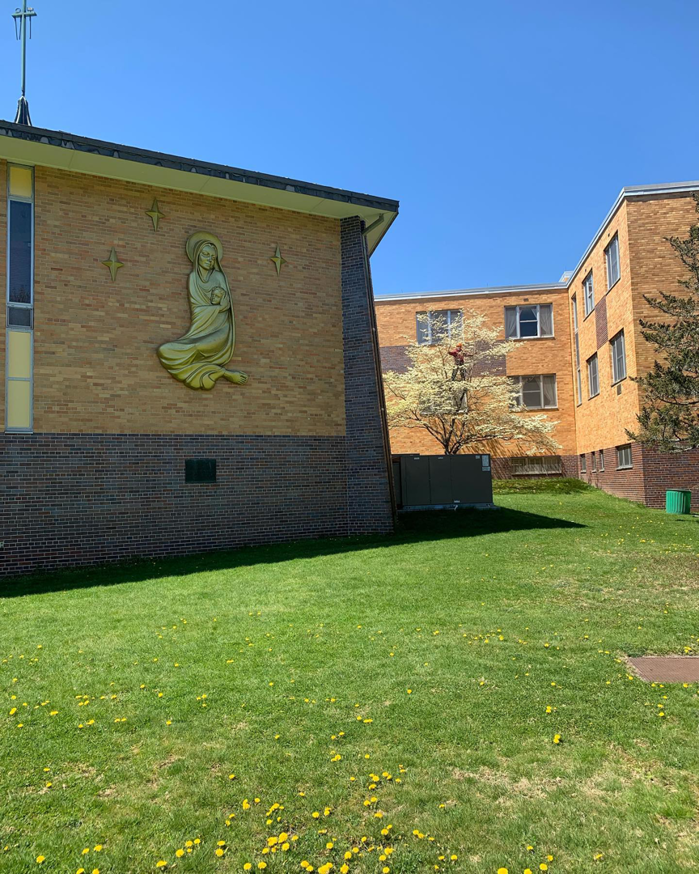 An arborist pruning tree branches high in a tree next to a building for Fisk Tree Service in Ahwahnee, CA