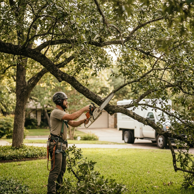 An arborist trimming a tree branch with a chainsaw for Austin Tree Specialists in Austin, TX.