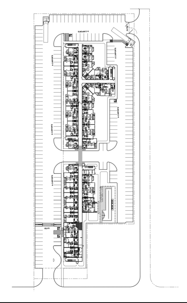 An architectural blueprint showing a detailed floor plan for a multi-unit building, managed by TechPro Constructions in Houston, TX.
