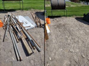 Before and after photo of an area cleared of metal and wood debris by One Call Junk Removal in Minneapolis, MN
