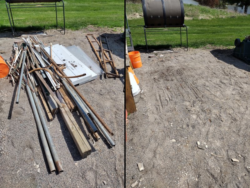 Before and after photo of an area cleared of metal and wood debris by One Call Junk Removal in Minneapolis, MN