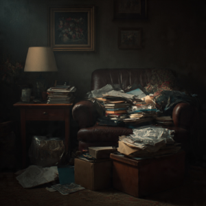 An armchair overflowing with papers and clutter, awaiting a cleanout service from Fernley Fast Haul in Fernley, NV