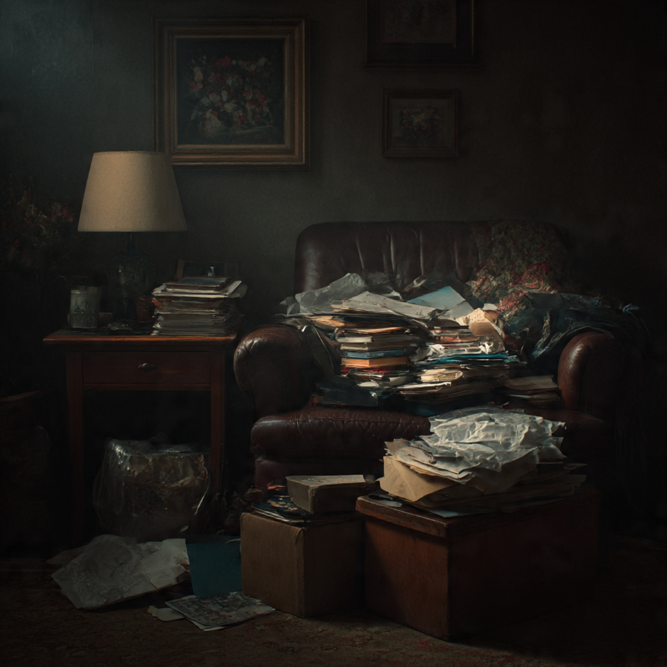 An armchair overflowing with papers and clutter, awaiting a cleanout service from Fernley Fast Haul in Fernley, NV