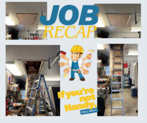A collage showing an attic access ladder installation in a garage by Handy Andy in Boca Raton, FL.