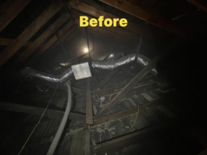 A dark attic showing ductwork before insulation work by Architectural Insulation in Lake Charles, LA.