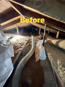 An attic before insulation removal and cleaning by Architectural Insulation in Lake Charles, LA.