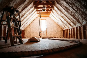 An attic space with newly installed spray foam insulation by Custom Insulation Company, Inc. in Worcester, MA