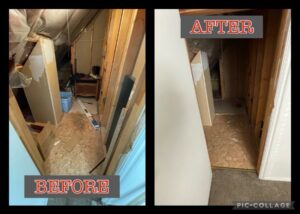 Before and after photos showing a cluttered attic storage area cleaned out by Pack N Haul in West Valley City, UT.