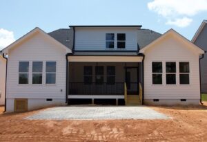 The back of a modern house featuring a newly installed screened porch and a paved patio area by Screen Enc in Denver, NC