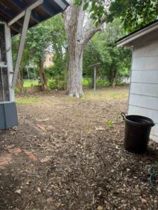A backyard area with leaves and debris, indicating a cleanup job for Silverhull Junk Removal in San Antonio, TX