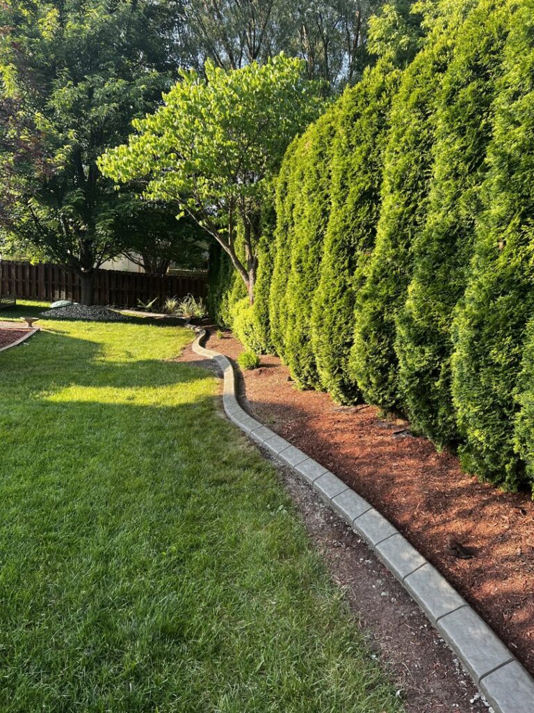 A backyard with newly installed concrete landscape border by Premier Edge Concrete in Grand Rapids, MI