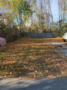 Backyard covered in fallen leaves with a leaf blower, a handyman service by Beantown Property Maintenance in Boston, MA.