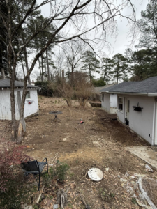 A backyard with scattered debris and bare trees, showing a clean-up job by Pop & Son's Junk Removal in Montevallo, AL.