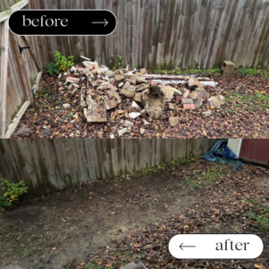 Before and after view of a backyard with a large pile of bricks and debris removed by WasteAway Junk Removal in Memphis, TN
